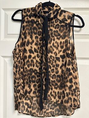 Sleeveless Leopard Print Tie-Neck Blouse - Brown/Black size L